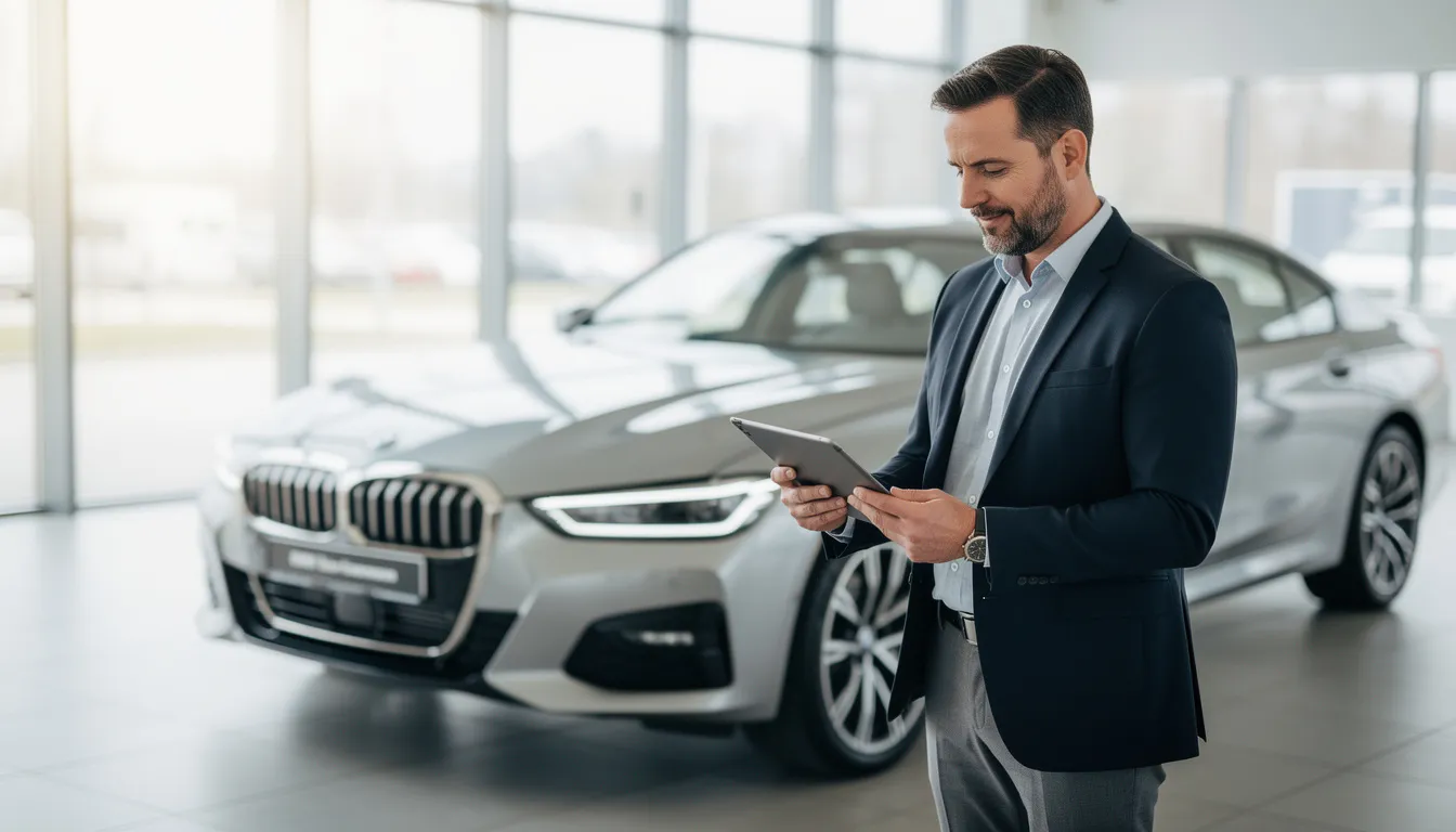 Ein professioneller KFZ-Sachverständiger von Auto Experts Tassone steht mit einem Tablet in der Hand vor einem modernen Fahrzeug. Er bietet seine Expertise für die Erstellung von KFZ-Gutachten in Düsseldorf an, um Kunden im Schadensfall zu unterstützen.