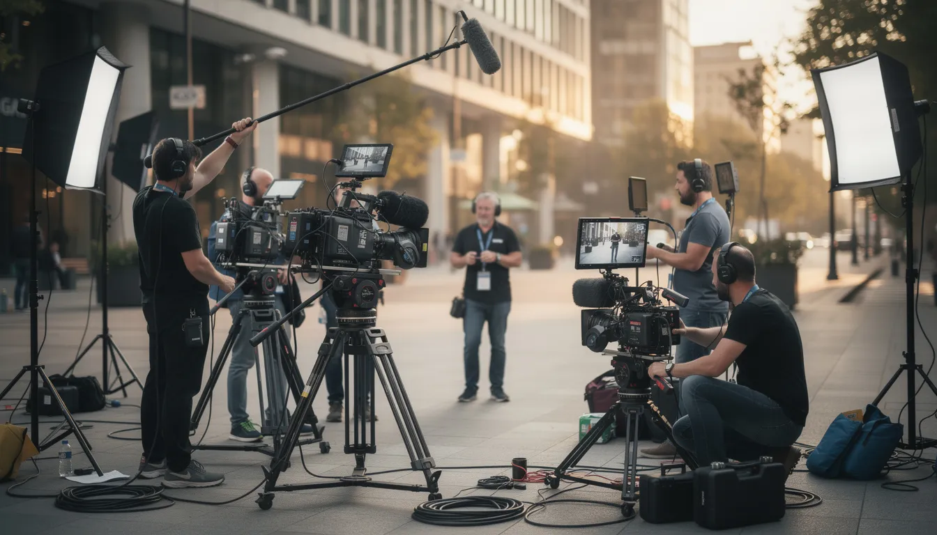 A professional video production crew is seen filming on location with multiple cameras, capturing dynamic footage for a project that likely involves video advertising strategies for connected TV (CTV) and digital channels. The scene reflects the collaborative effort in creating high-quality video content for streaming services and traditional TV audiences.