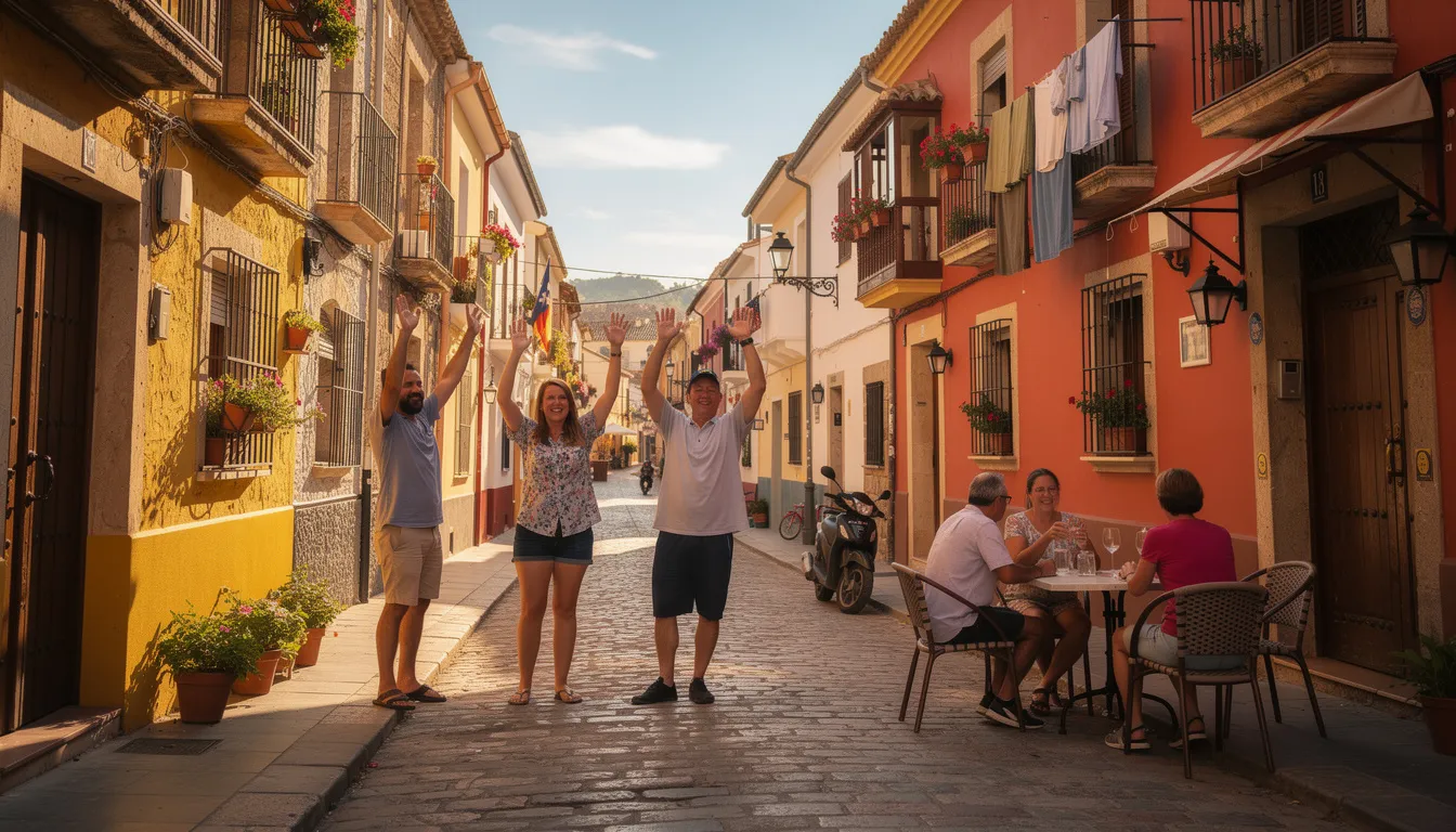 Na słonecznej hiszpańskiej uliczce widać ludzi machających na pożegnanie, używających zwrotów takich jak "hasta luego" i "adiós". Atmosfera jest radosna, a przechodnie wymieniają się uśmiechami i pozdrowieniami w języku hiszpańskim.