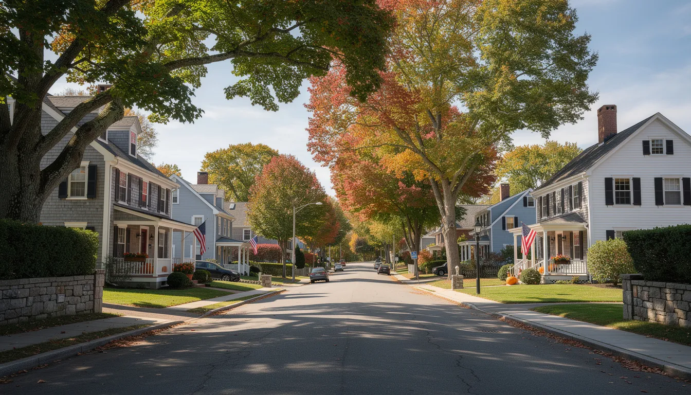 The image depicts a picturesque neighborhood street in Connecticut, lined with traditional New England homes and mature trees, creating a serene atmosphere. This charming scene reflects a sense of community, perfect for residents looking for appliance removal services or other home maintenance needs.