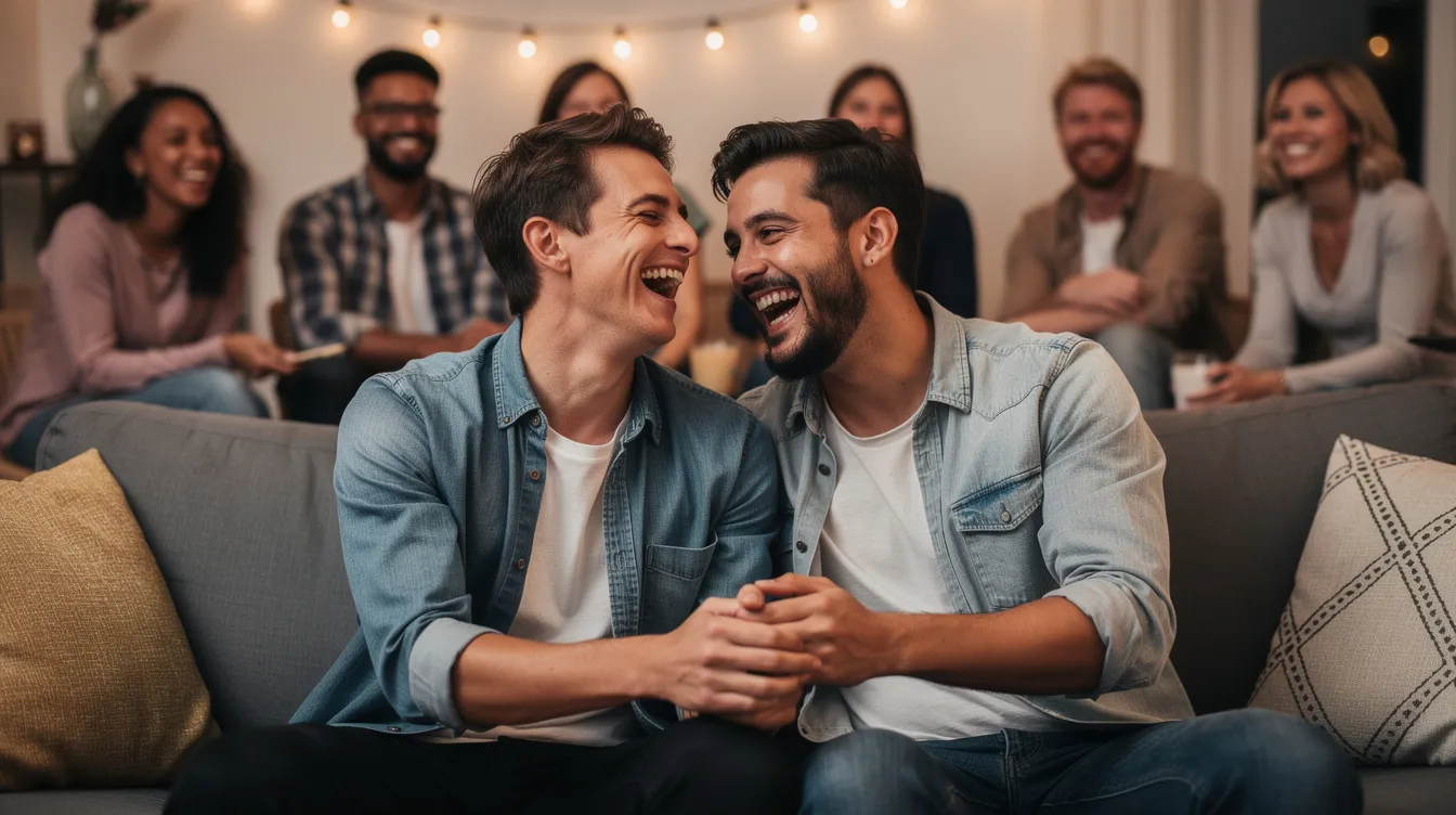 A joyful couple is laughing together while holding hands in a lively group setting, embodying the essence of meaningful connections often sought by online dating users. Their shared happiness reflects the potential for healthy relationships that many seek on dating platforms.