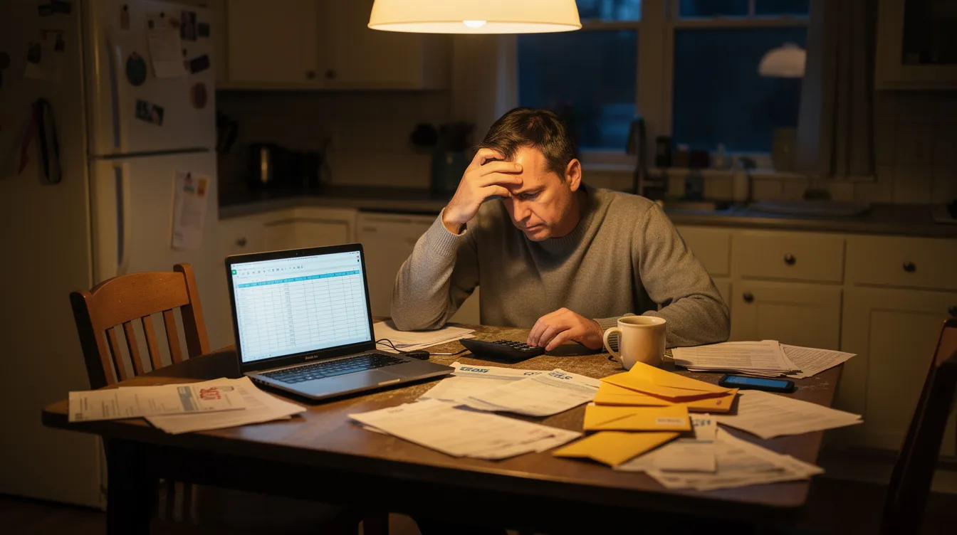 The image shows a person seated at a kitchen table, focused on a laptop while surrounded by various financial documents, including paperwork related to home equity loans and payments. The scene suggests they are reviewing details about their home equity line of credit and considering their monthly payments and interest rates.
