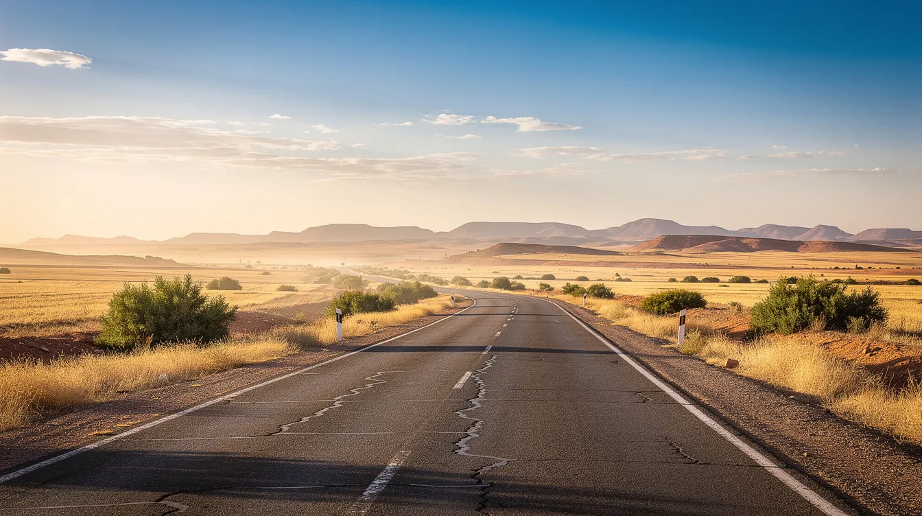 A Moroccan road crossing green plains with hills on the horizon.