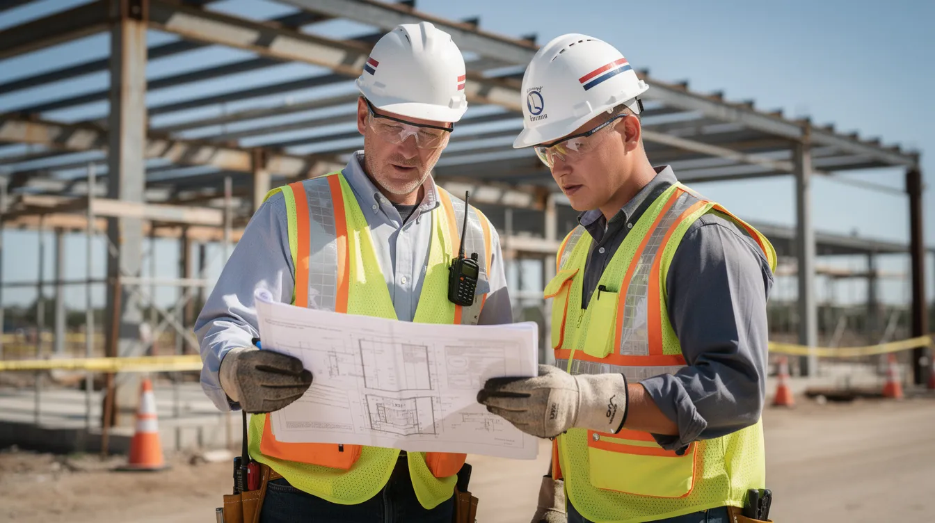 A superintendent and a crew member are collaborating on safety plans at a construction site, with steel framing visible in the background. This scene highlights the importance of safety leadership and the commitment to protecting employees through effective training and safety initiatives.