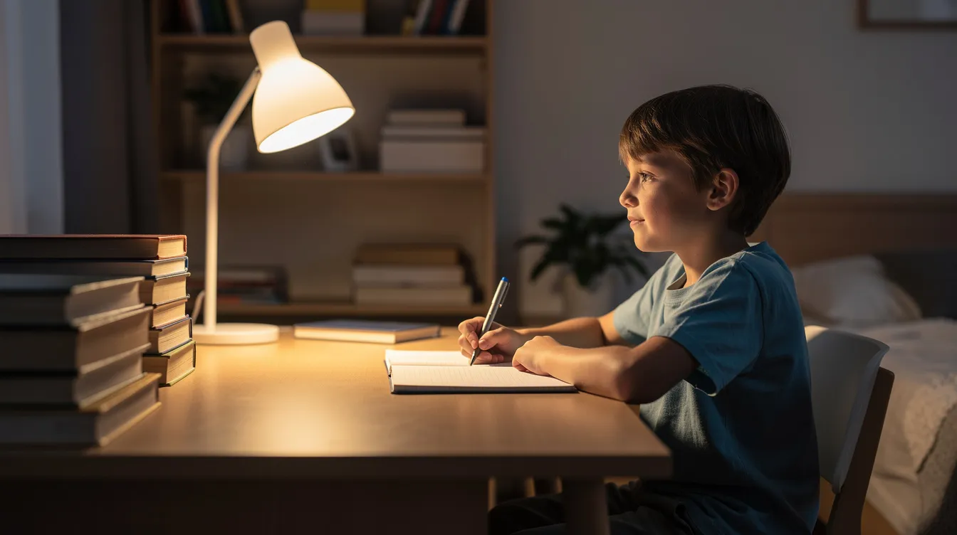 A focused child sits at a tidy study desk illuminated by a lamp, demonstrating independent learning skills as they engage with their homework. This serene environment fosters academic success, highlighting the importance of strong foundations in education and the development of comprehension and analytical skills.