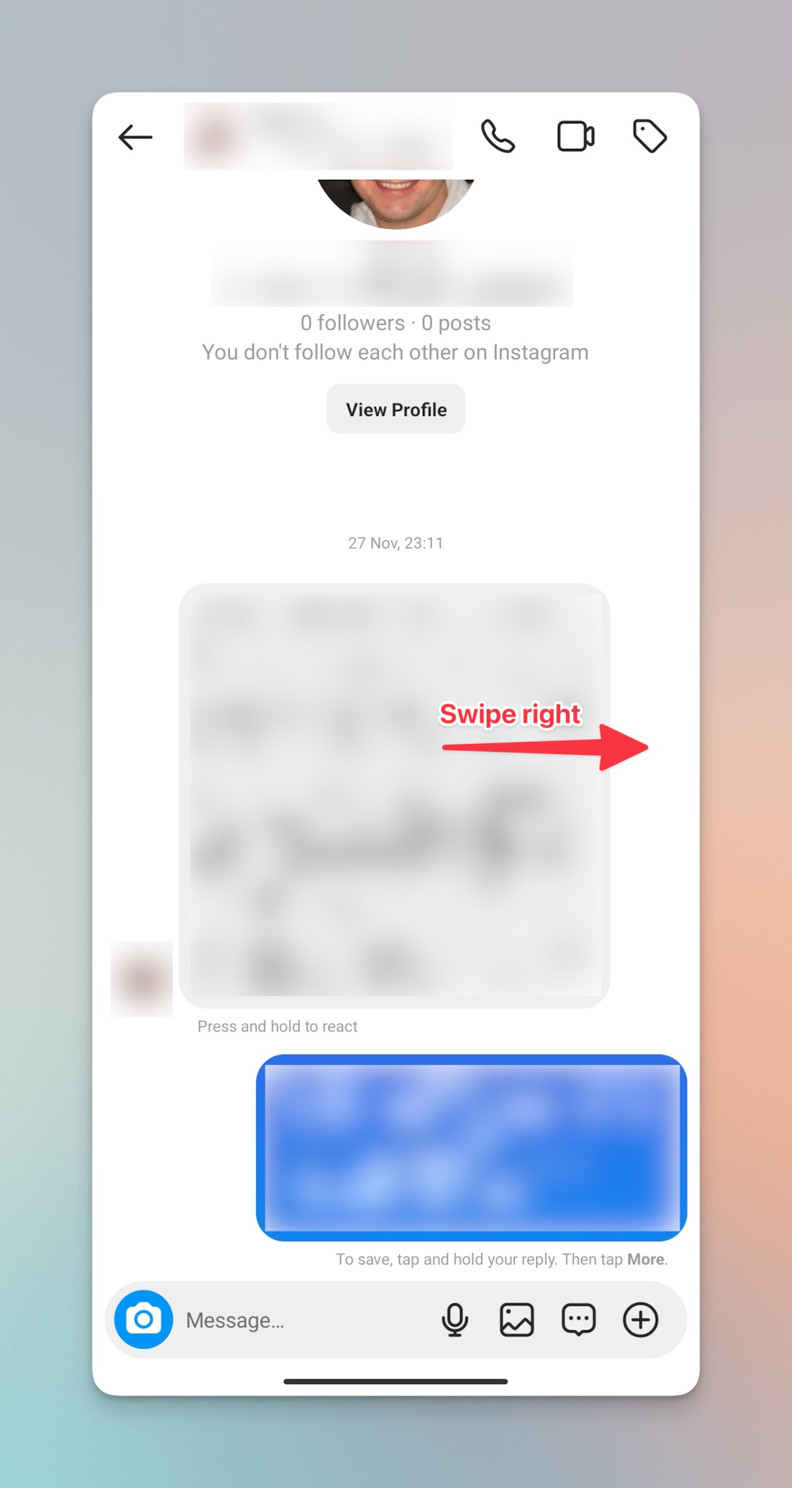 Remote.tools is showing how to reply to a message in Instagram chat on iOS device. Swipe right on a specific message to reply to that message only.