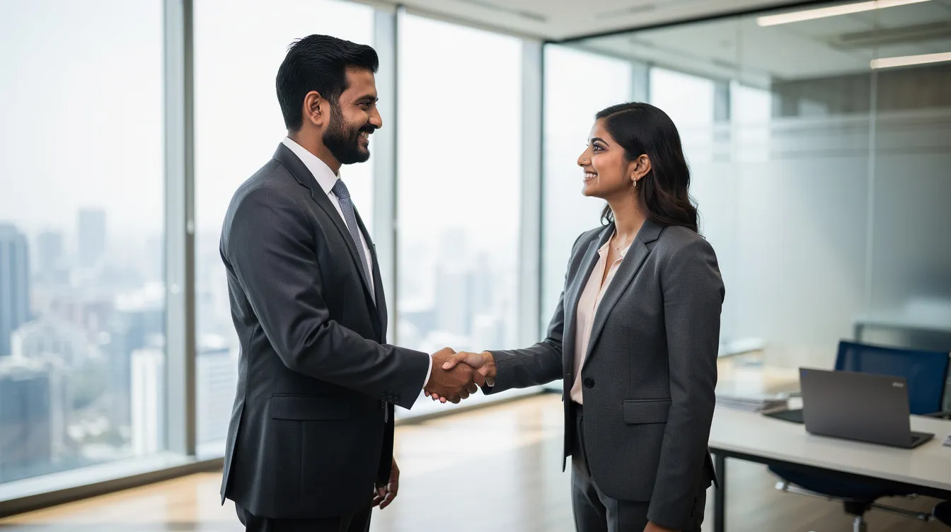 190eb149 c5ca 48dd 8baf f945ac10911c The image depicts two Indian business professionals engaged in a handshake within a modern office environment, symbolizing a successful business collaboration. This scene reflects the essence of business to business interactions and the importance of building long-term client relationships in today's market.