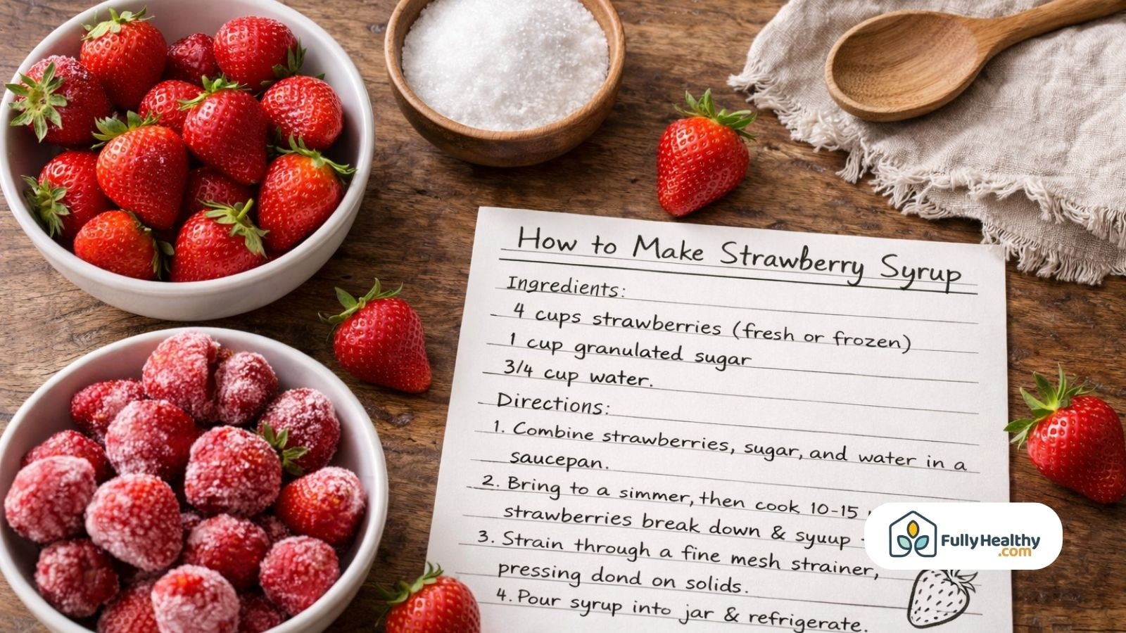 Recipe card showing how to make strawberry syrup with fresh ingredients