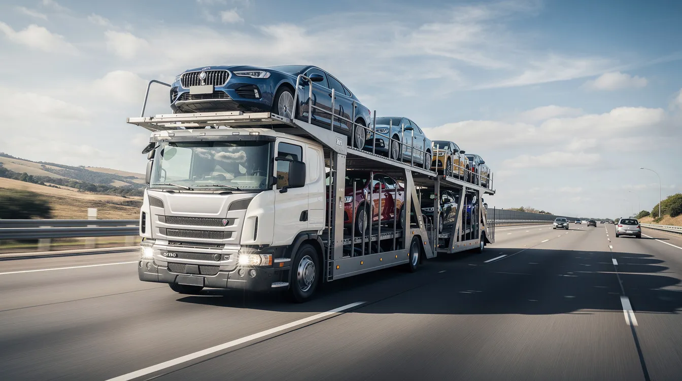A car carrier truck is driving along a highway, transporting multiple vehicles securely on its open trailer. This scene highlights the auto transport industry, showcasing how car shipping companies efficiently move vehicles across state lines, including services like North Carolina auto transport.