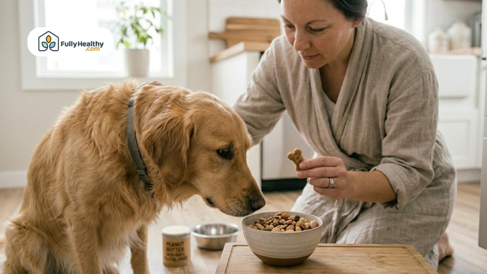 Woman offering dog treat while bowl of mixed nuts sits nearby