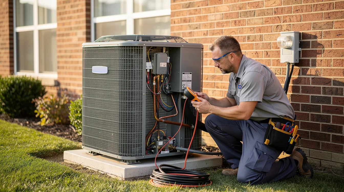 HVAC technician installing a large outdoor heat pump unit next to a South Florida suburban home on a sunny day, highlighting modern heat pump technology for efficient cooling and heating.