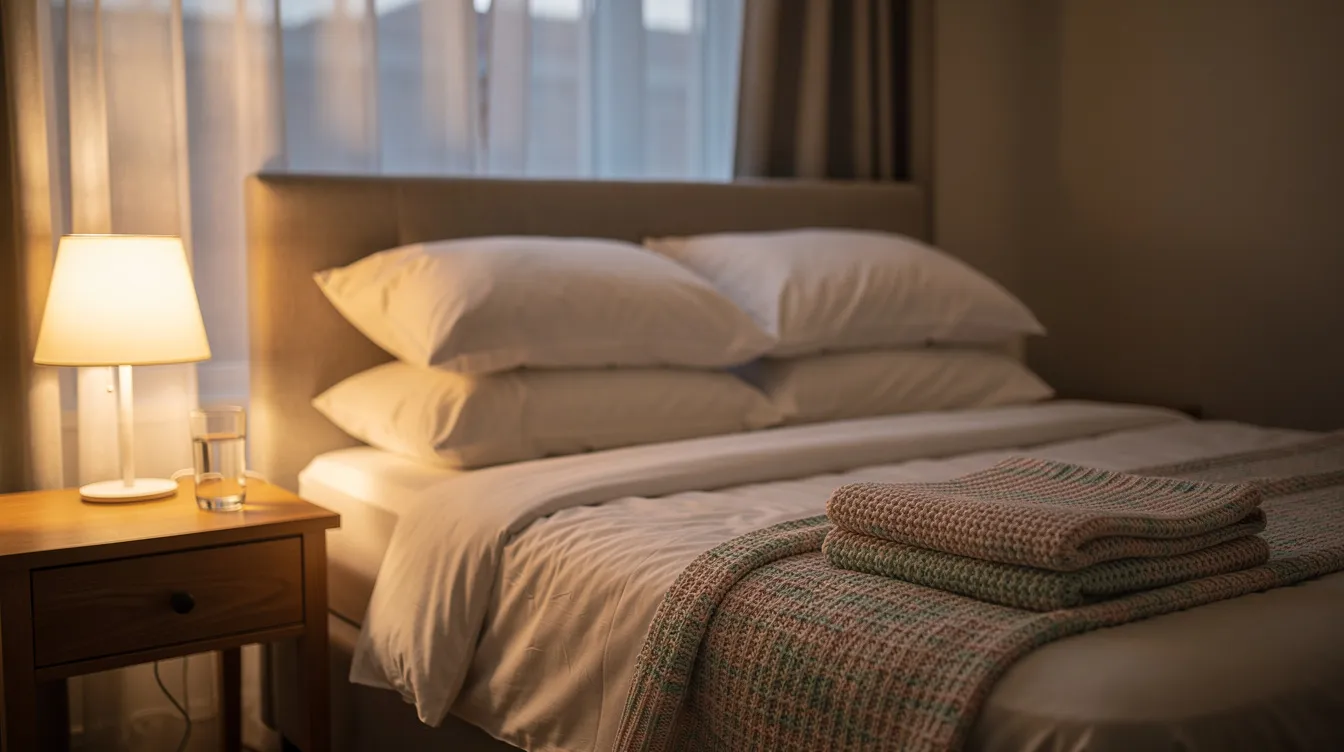 The image depicts a serene bedroom setting, featuring soft pillows and a neatly folded blanket, evoking a sense of comfort ideal for rest and recovery, perhaps after a tummy tuck procedure. This peaceful environment suggests a space where tummy tuck patients can relax and heal effectively.