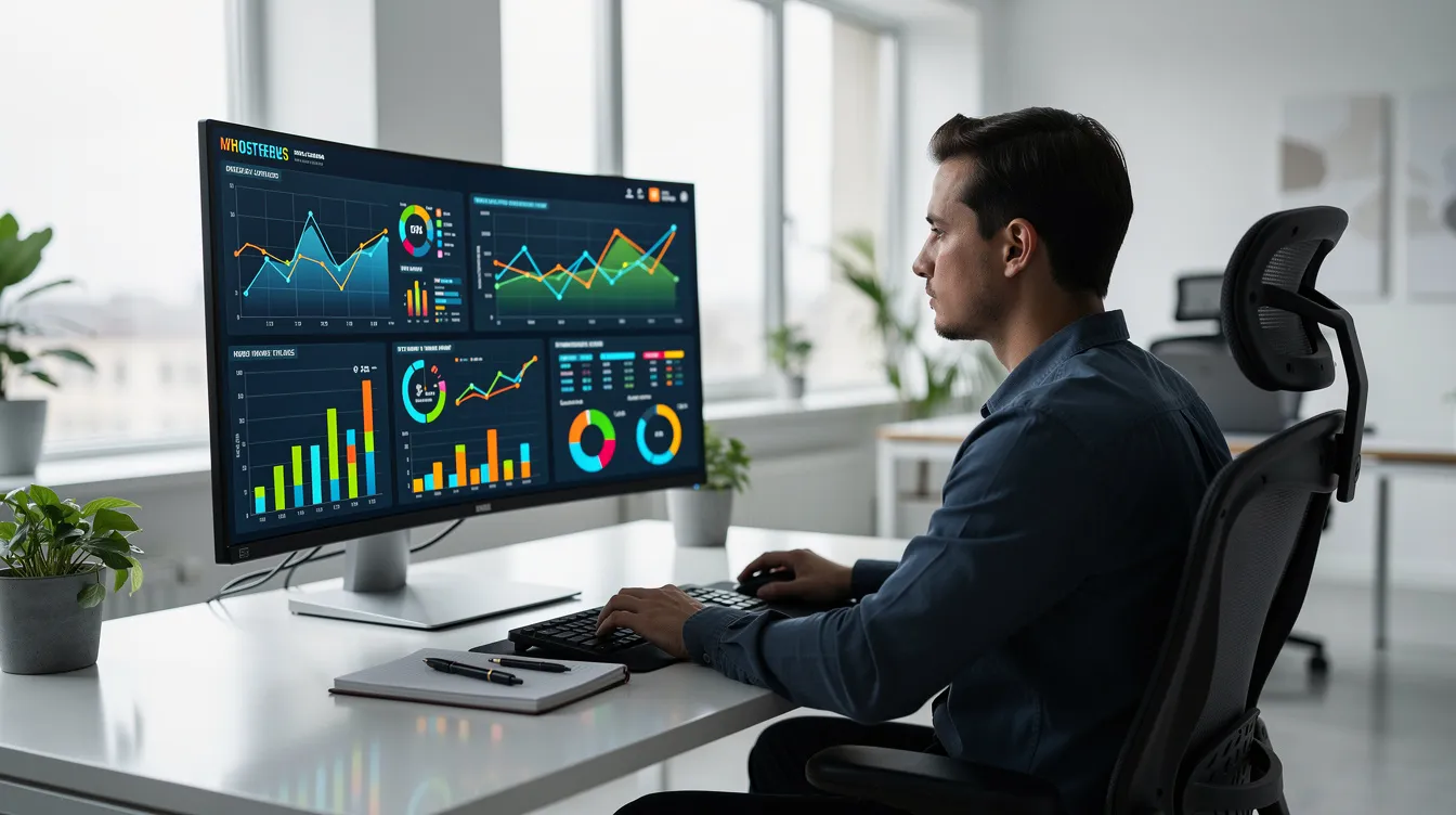 Ein Mensch sitzt an einem Schreibtisch und analysiert bunte Datencharts auf einem großen Monitor in einem modernen Büro. Die Person nutzt verschiedene SEO-Tools zur Keyword-Recherche, um Informationen über Suchbegriffe und Online-Marketing-Strategien zu sammeln.