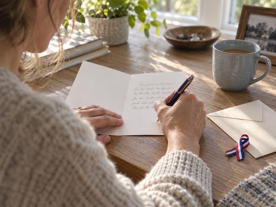 A person writing Veterans Day messages in a thank-you card beside an envelope and a blue mug.