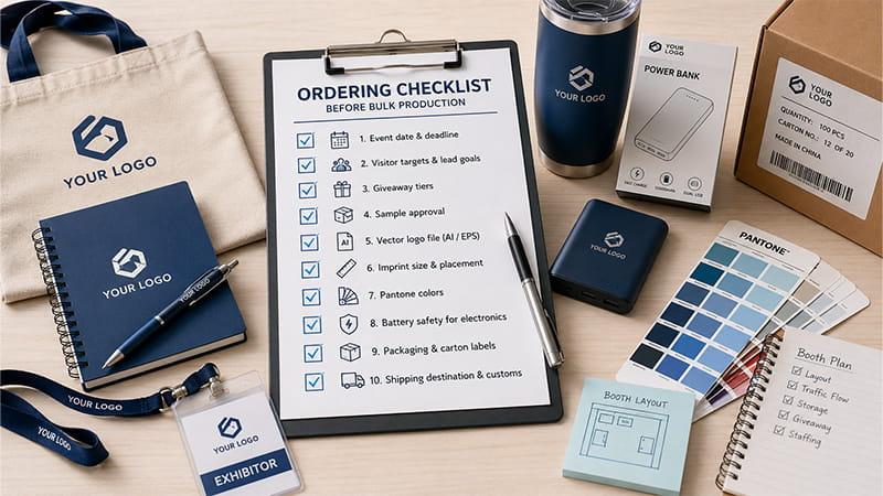 Ordering checklist before bulk production for trade show giveaways, including logo files, colors, packaging, and delivery.