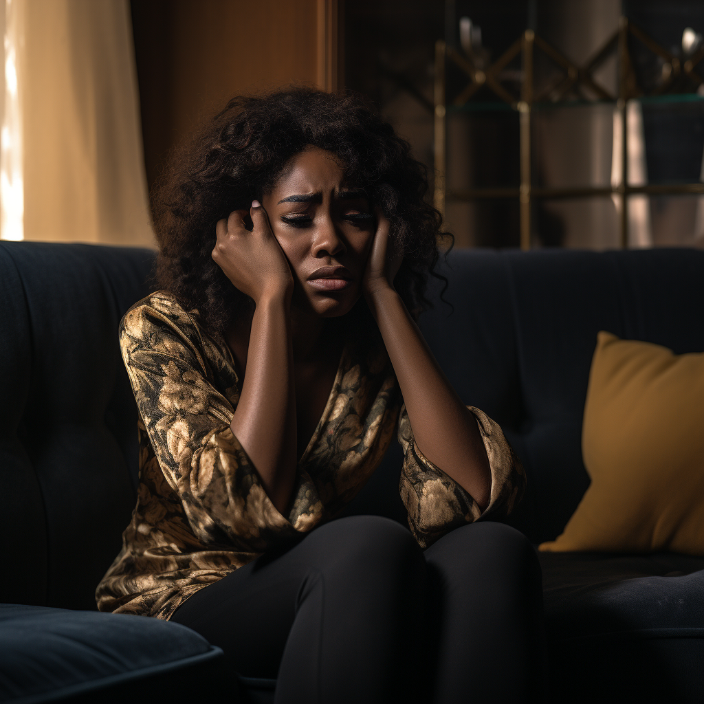 Black woman looking worried and sad while sitting at the couch.