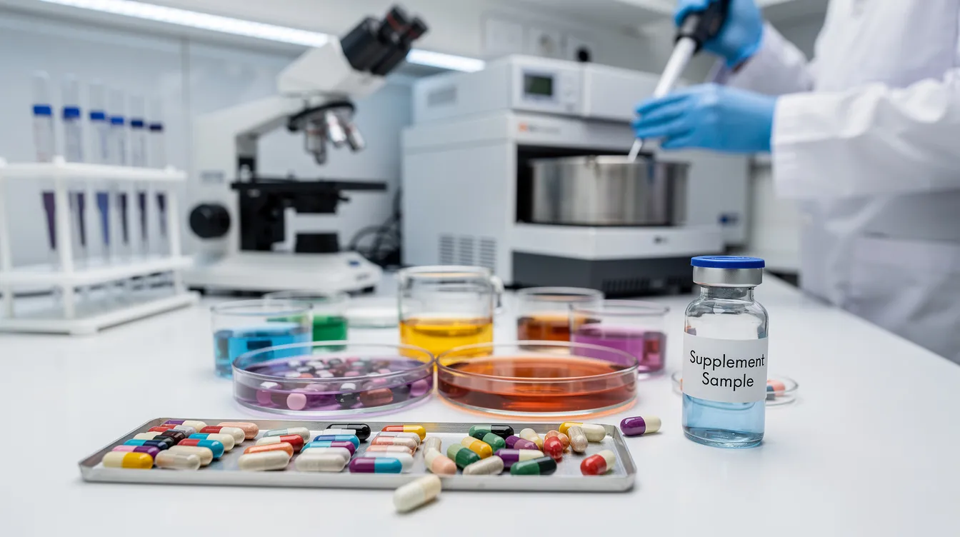 The image depicts a scientific research laboratory filled with various testing equipment and supplement capsules, highlighting the focus on dietary supplements like calcium alpha ketoglutarate (ca akg) for promoting healthy aging and supporting cellular energy production. Researchers are likely investigating the beneficial effects of these supplements on biological age, bone health, and overall longevity.