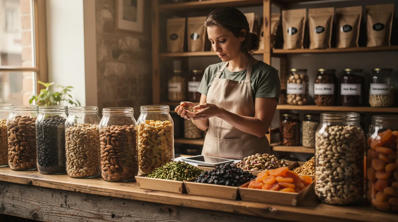 A small business owner is inspecting the quality of dry fruits on a wooden counter, highlighting the importance of maintaining high standards in the dry fruit business. This attention to quality is essential for attracting health-conscious consumers and ensuring profitable margins in the competitive dry fruit market.