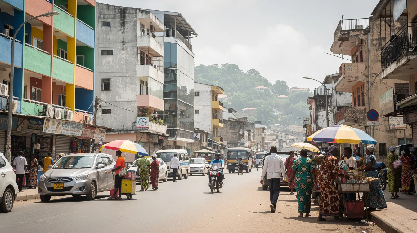 The image depicts a bustling commercial street in Freetown, Sierra Leone, showcasing modern buildings filled with shops and a diverse crowd of pedestrians. This vibrant scene highlights the dynamic atmosphere of urban life, where various banking services, including internet banking and corporate banking, are easily accessible to meet the financial needs of the community.