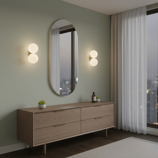 Double globe wall sconces adding soft ambient light above a bedroom dresser and arched mirror.
