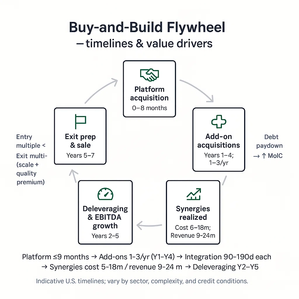 Buy-and-build flywheel from platform to add-ons, integration, synergies, deleveraging, and exit with typical U.S. timelines.
