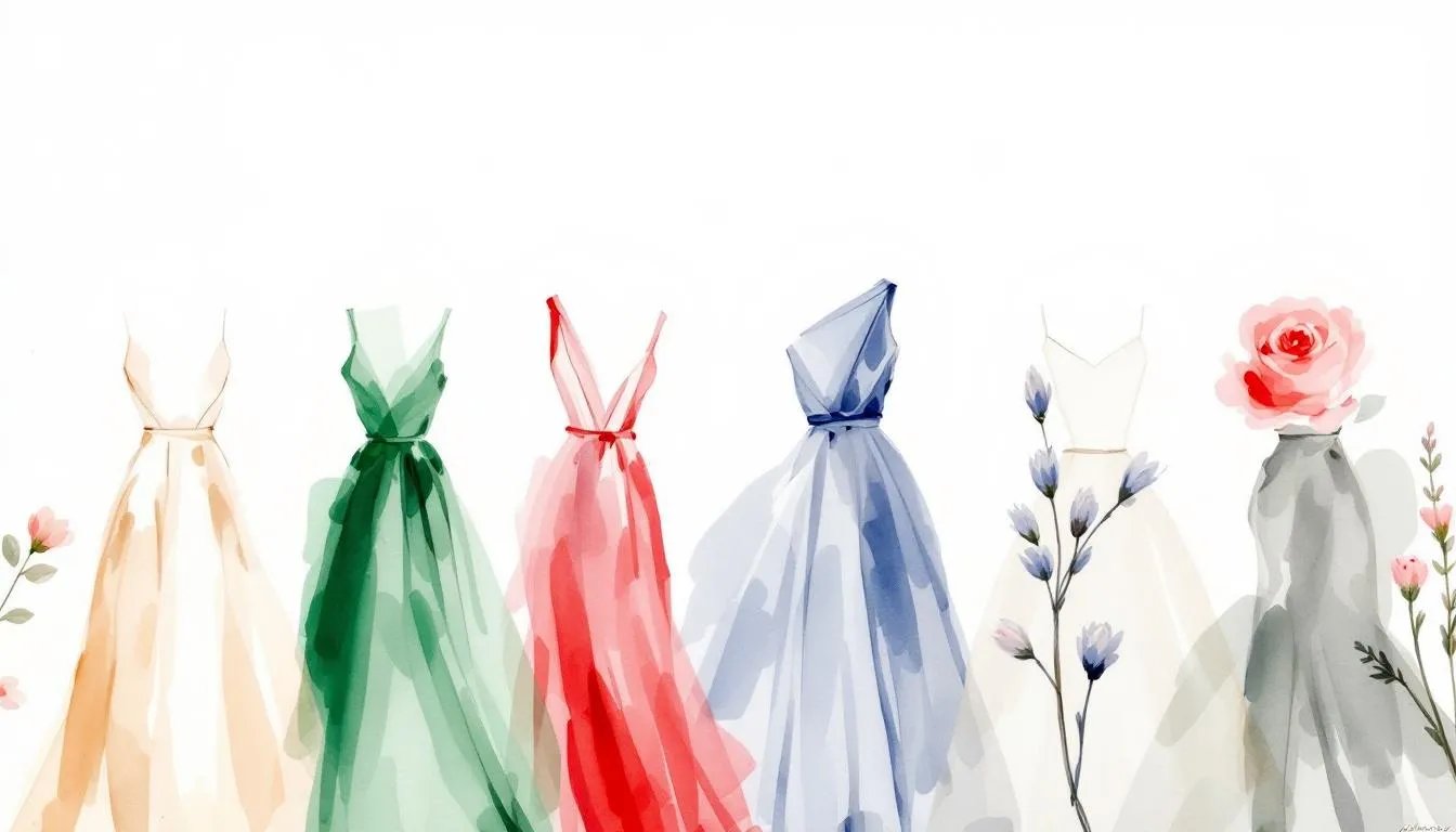 A color palette featuring various hues of wedding guest dresses, including classic neutrals and bold colors.
