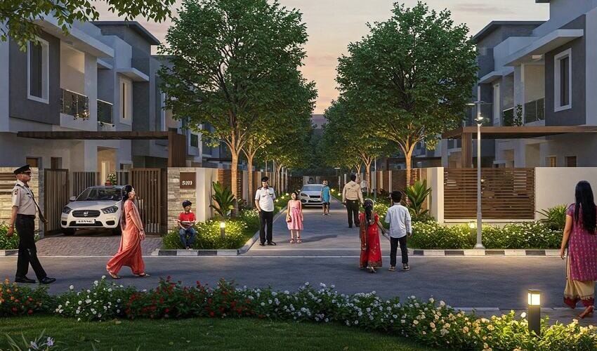 Family walking in a gated residential society in Baner with security personnel and well-lit streets.