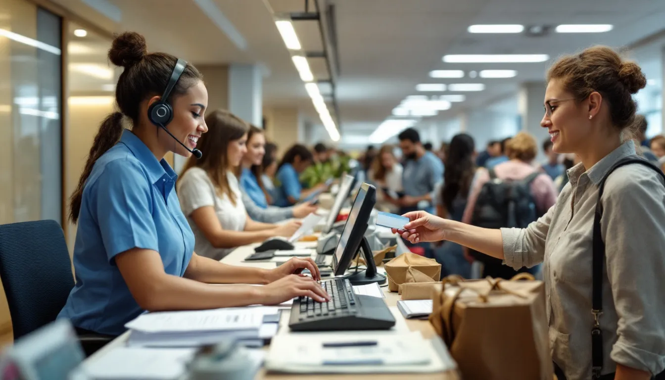 The image depicts hotel staff efficiently managing the front desk during a busy check-in period, showcasing the hustle and bustle of the hospitality industry. The front desk team is focused on maximizing revenue and ensuring guest satisfaction, reflecting the importance of managing flow through various revenue streams.