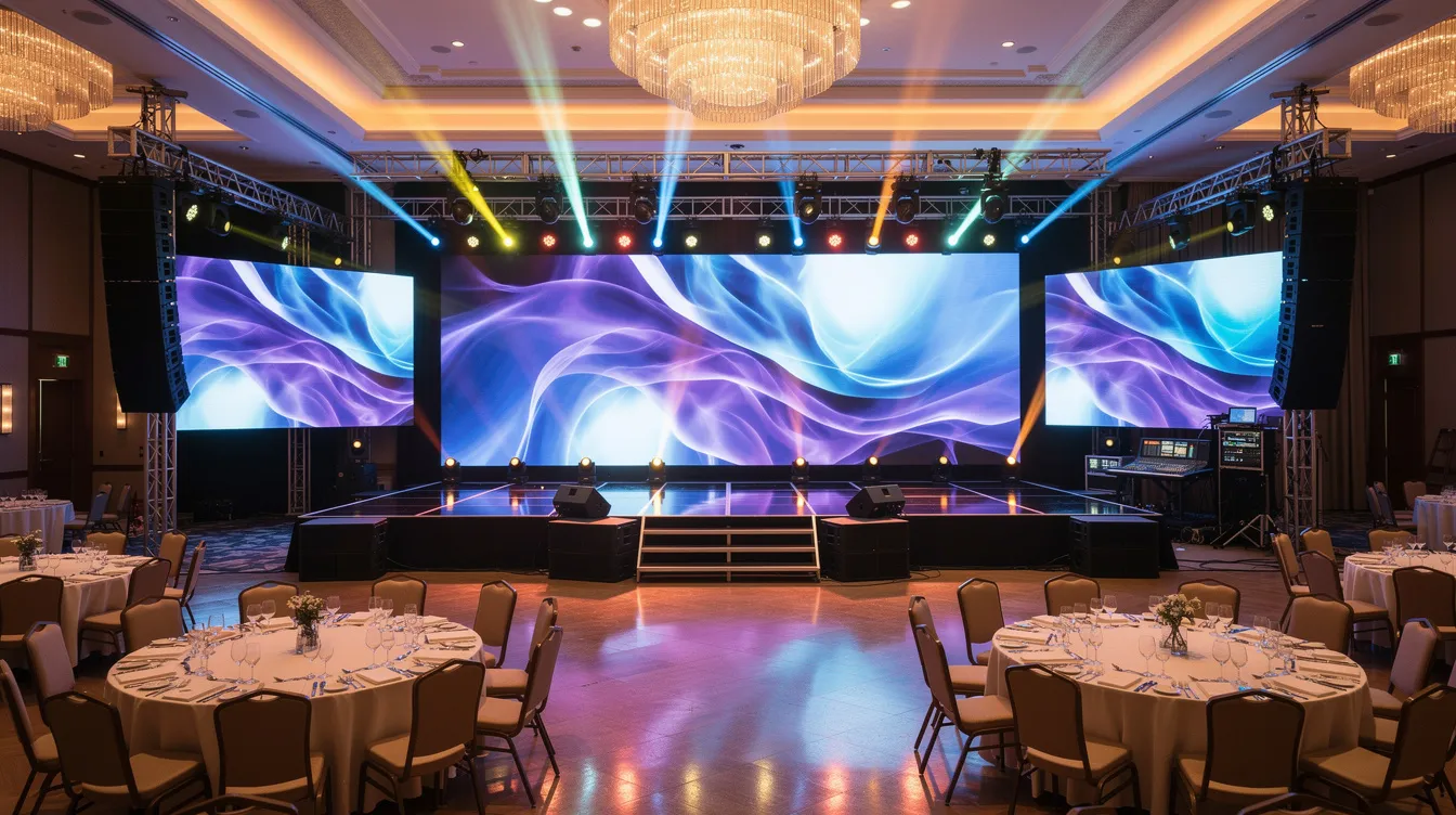 The image captures a wide-angle view of a bustling ballroom filled with LED walls and stage lighting rigs, creating a vibrant atmosphere for a professional event. The seamless integration of high-resolution visuals and sound systems ensures that audiences are engaged, making it an ideal setup for corporate events and trade shows.