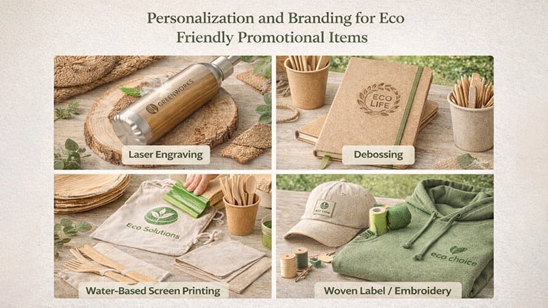 Eco-friendly branding methods shown as laser engraving, debossing, water-based screen printing, and woven labels or embroidery.