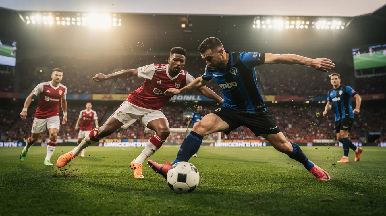 A dynamic scene on a green football pitch captures players fiercely competing for the ball, showcasing the intensity of the game. This moment reflects the excitement found in major leagues and competitions, where teams strive for victory while fans eagerly await football predictions and match data.