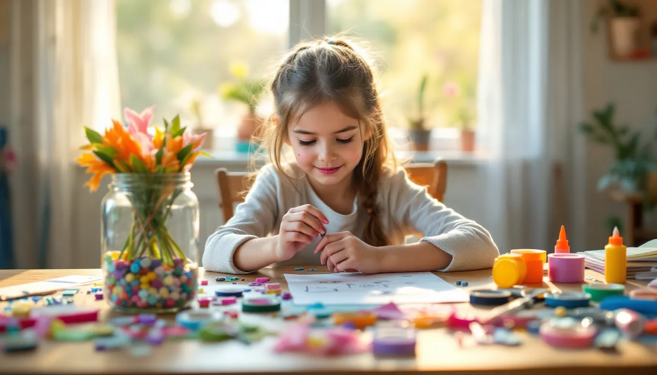 A teen is sitting at a table, surrounded by craft supplies including scissors, tape, and handwritten notes, as they create a thoughtful Father's Day gift, specifically a memory jar. The scene is illuminated by natural light, highlighting the creative process of making a practical Father's Day gift that will surely bring a smile to dad's face.