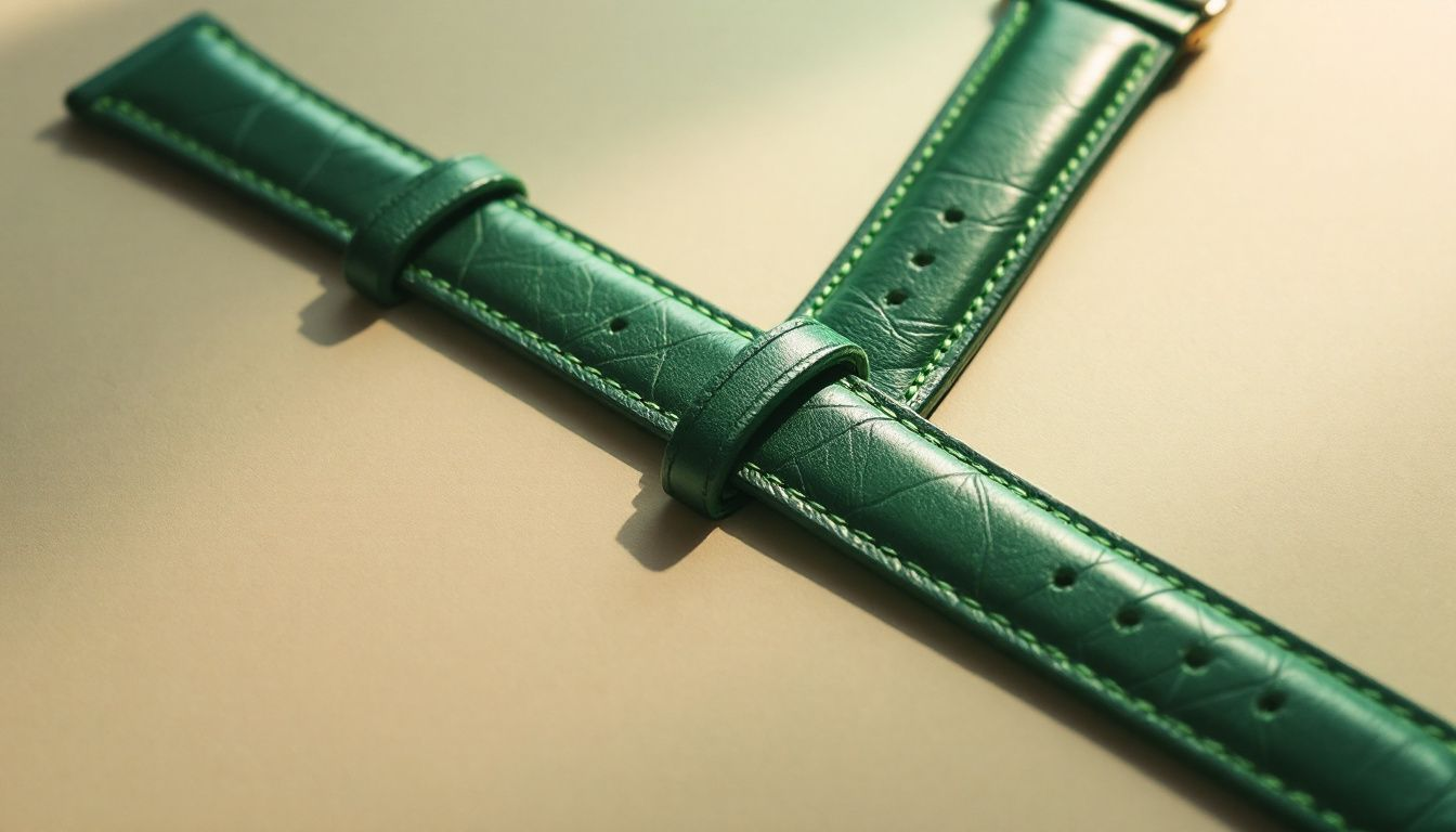 An artistic representation of a green leather watch strap displaying its unique oiled racing green color.