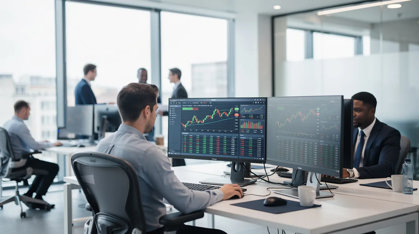 The image depicts a modern office environment where professionals, including corporate tax leaders, are focused on their computers, utilizing financial software for tasks related to tax compliance and planning. The atmosphere reflects a collaborative effort in navigating corporate tax strategies and reporting obligations.