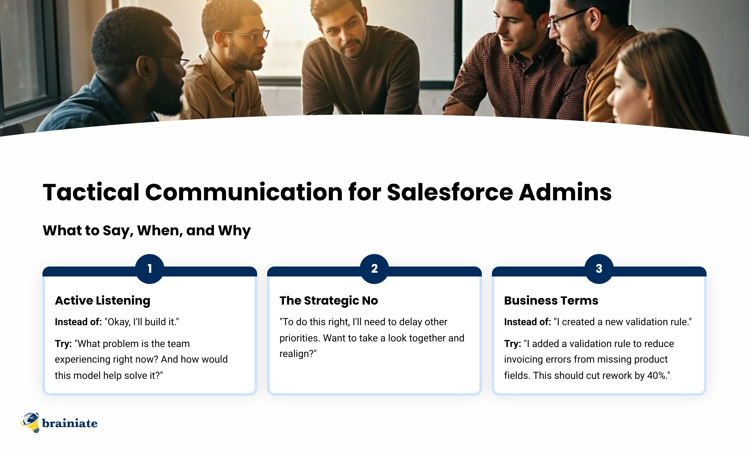 A group of diverse professionals engaged in a discussion around a table, focusing on communication strategies for Salesforce Admins, with text overlay highlighting key communication tactics.