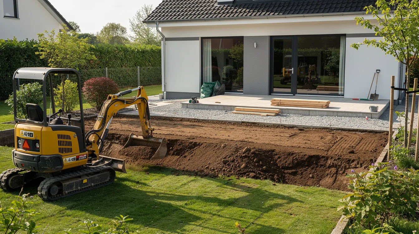 L'image montre un jardin de maison avec une zone de terrassement où se trouve un engin compact. Ce site pourrait être destiné à l'installation d'une microstation d'épuration pour le traitement des eaux usées domestiques, intégrant des solutions d'assainissement non collectif.