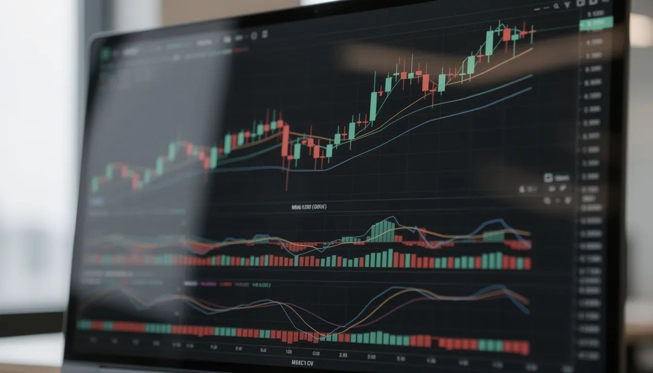 The image depicts a trading screen featuring candlestick charts that illustrate price movements, along with momentum indicators such as the relative vigor index (RVI) displayed below. The chart highlights various trading signals and potential entry and exit points for experienced traders, while also indicating the trend direction and strength in the market.