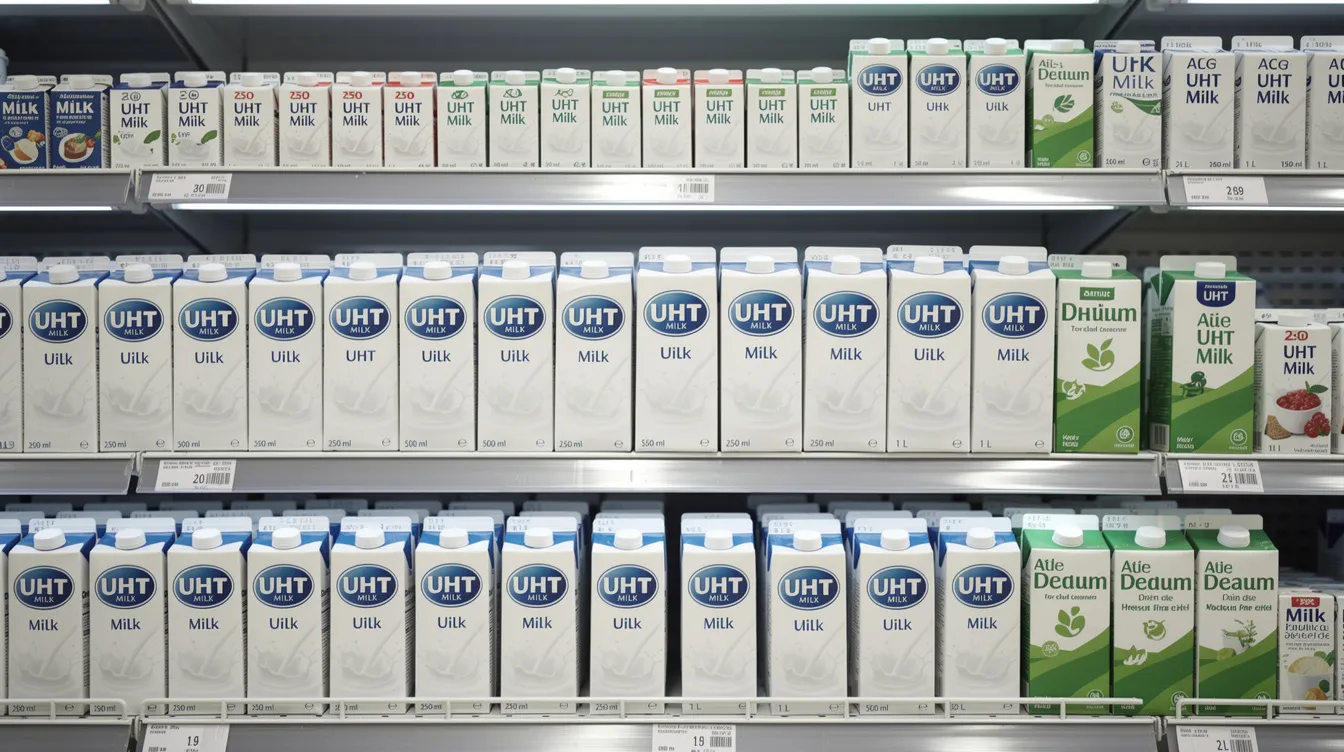 1929d417 31f4 40db 94b8 21dfcbfc4800 The image shows a variety of UHT milk cartons of different sizes arranged neatly on retail shelves, showcasing various pack formats from small portion packs to larger family-sized cartons. The display highlights the aseptic packaging solutions used for UHT milk, emphasizing its long shelf life and product quality.