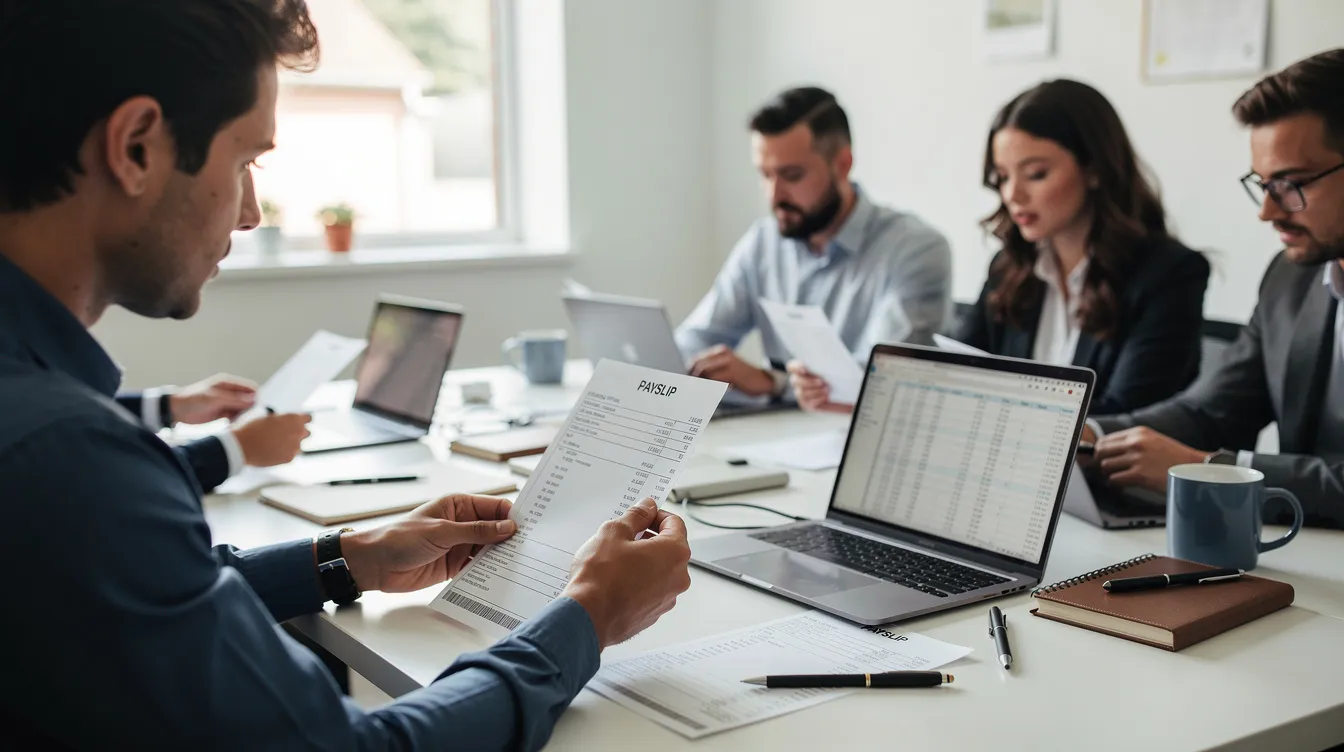 A group of people is gathered around a desk, intently checking their payslips for details about their wages, including the national minimum wage rates and deductions. They appear focused on understanding their earnings and ensuring they are legally entitled to the correct payments.