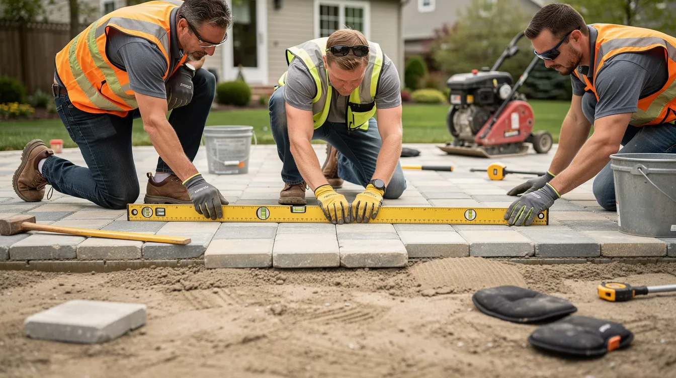 Two workers are carefully using level tools to ensure a successful landscape installation of stone patio pavers, creating a solid foundation for an outdoor space that enhances the beauty and functionality of the property. The scene captures the essential process of laying pavers, highlighting the attention to detail necessary for a durable and visually appealing patio.