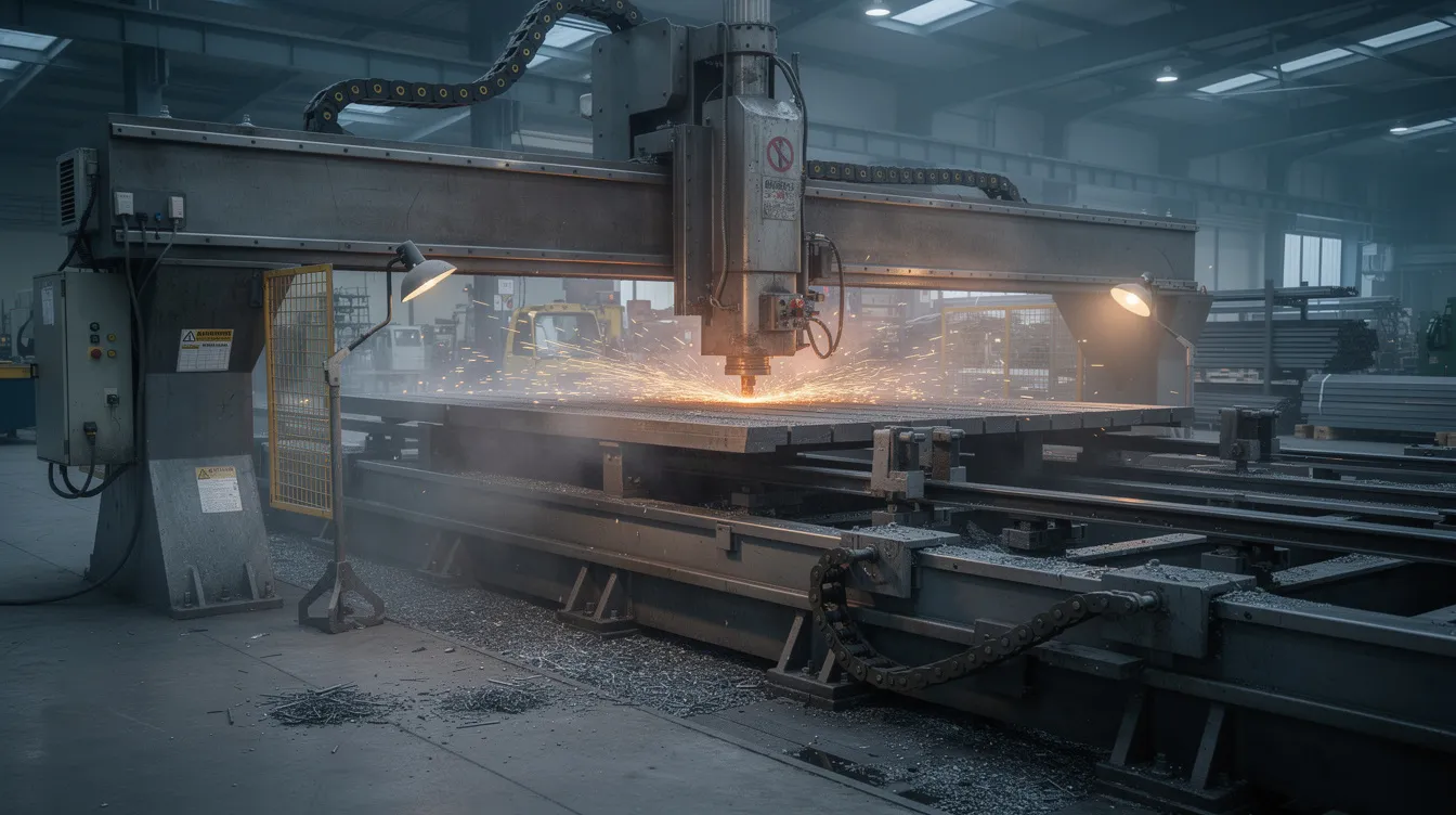 A large CNC gantry machine is actively cutting a heavy steel workpiece in a bustling factory environment, showcasing the precision and efficiency of CNC machining processes. This state-of-the-art equipment is designed for large-scale machining, capable of producing complex components with tight tolerances.