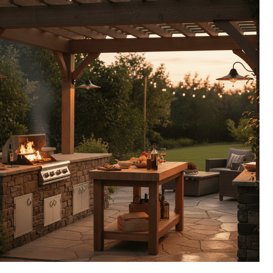 Cottage outdoor lighting ideas with gooseneck wall lights and string lights over a covered outdoor kitchen.