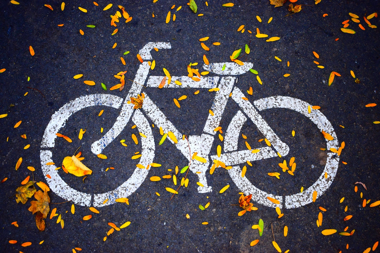 Desenho de uma bicicleta no chão, com várias folhas caídas amarelas - Foto: Pexels