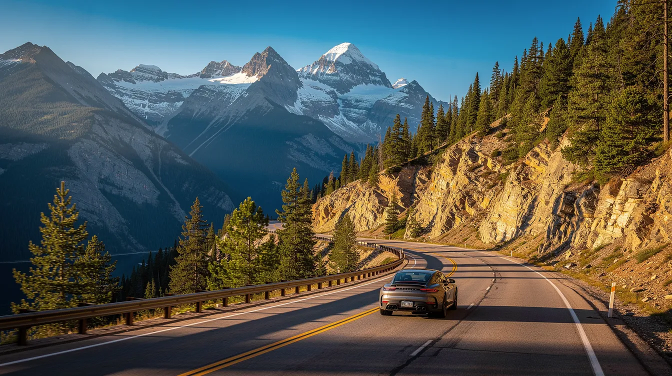 A car is driving along a scenic mountain highway in Colorado, surrounded by lush greenery and towering peaks. This picturesque view highlights the beauty of Colorado's landscape, while also reminding viewers of the importance of auto insurance policies to protect against potential accidents and injuries on such roads.