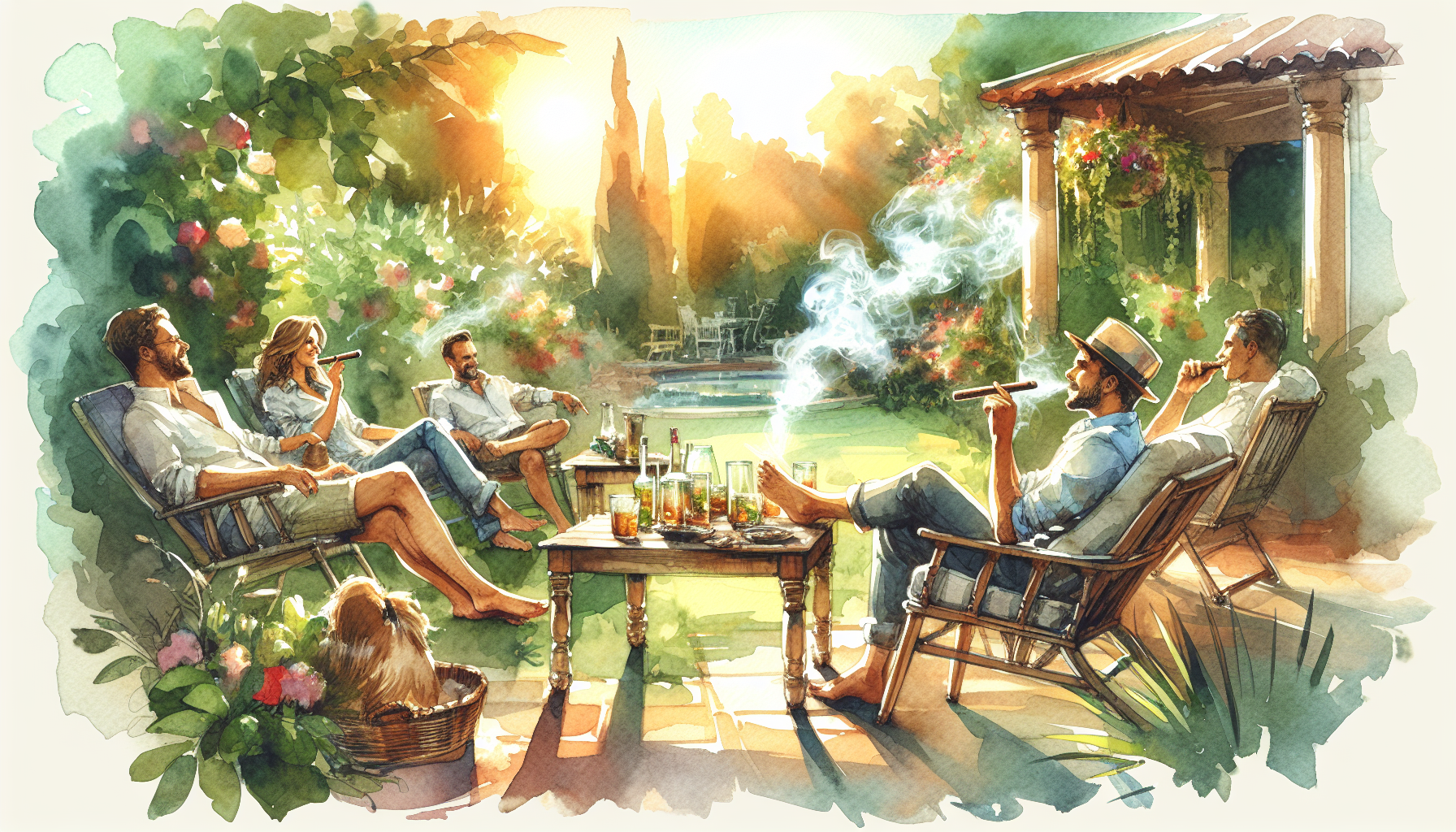 A watercolor painting of a casual smoking session with an Arturo Fuente Casa Cuba Doble Dos Long Corona cigar.