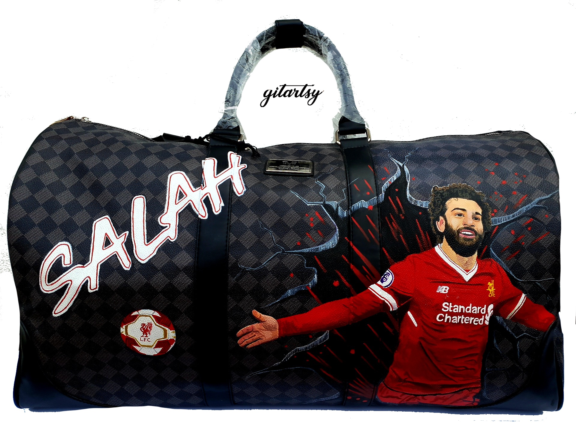 Hand painted large duffle bag with Liverpool FC design - Mohammed Salah portrait painted on the bag 