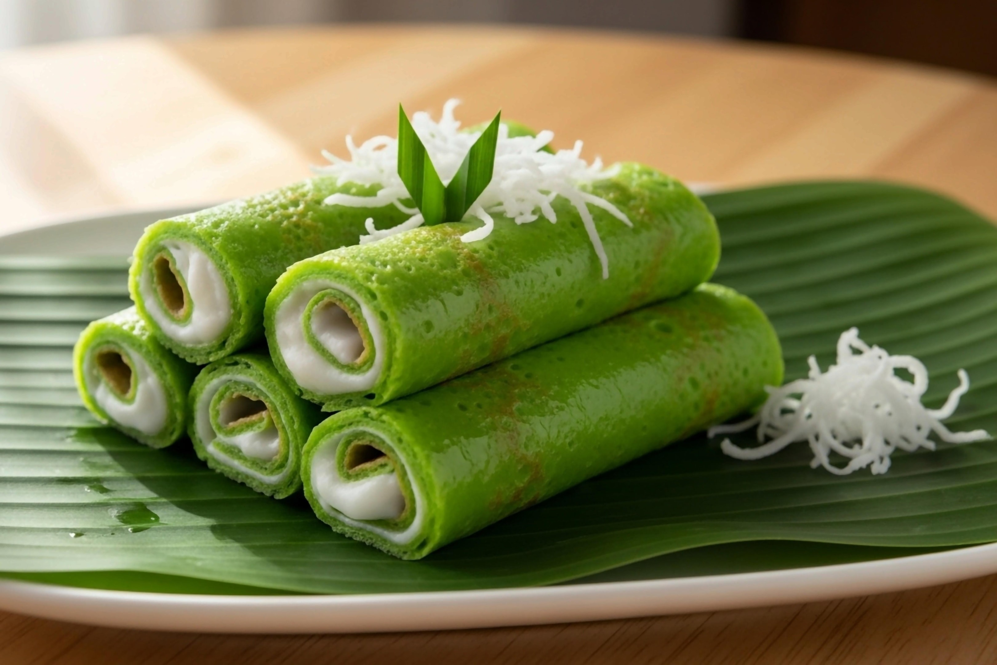 This image features a neat stack of six vibrant green pancakes or crepes, filled with a white creamy filling, arranged on a large banana leaf that rests on a white plate.