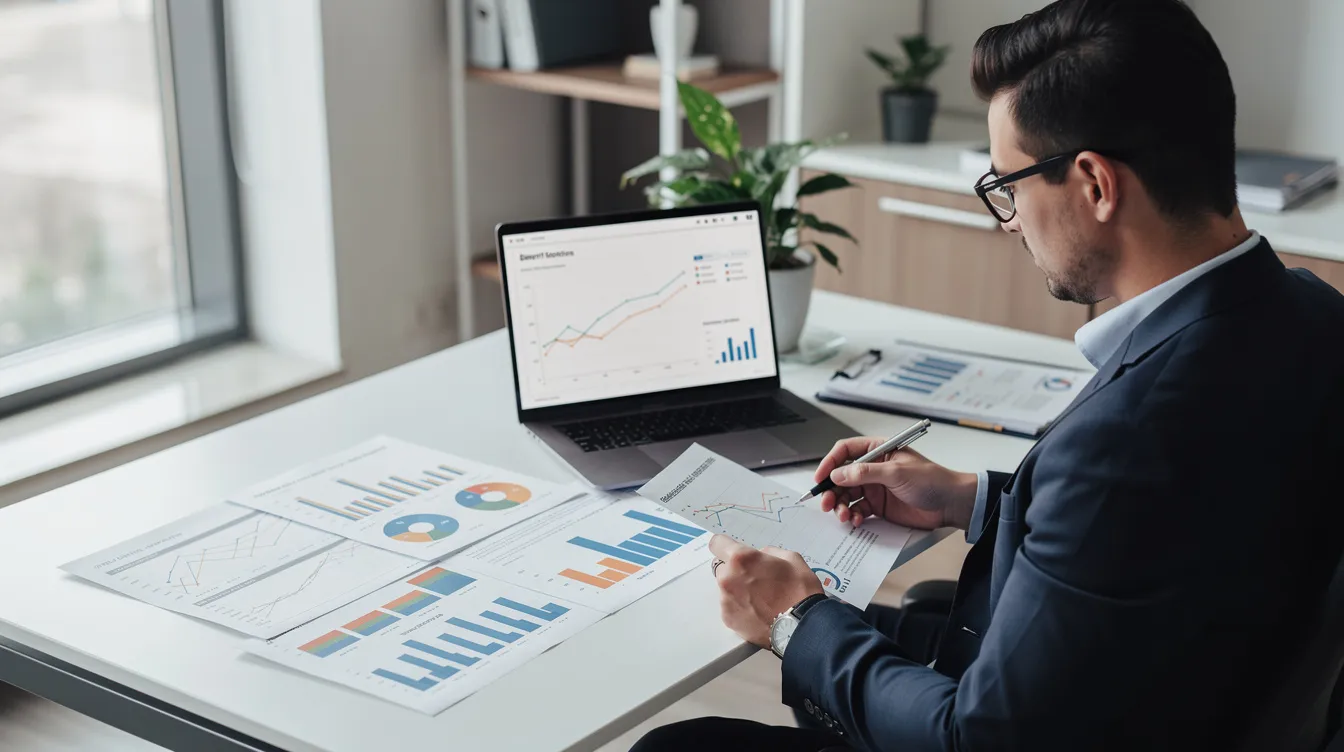 The image depicts a professional seated at a desk, intently reviewing financial documents and charts on a laptop, indicating a focus on market research and business planning. This scene reflects the importance of analyzing data for successful business ideas and ventures.
