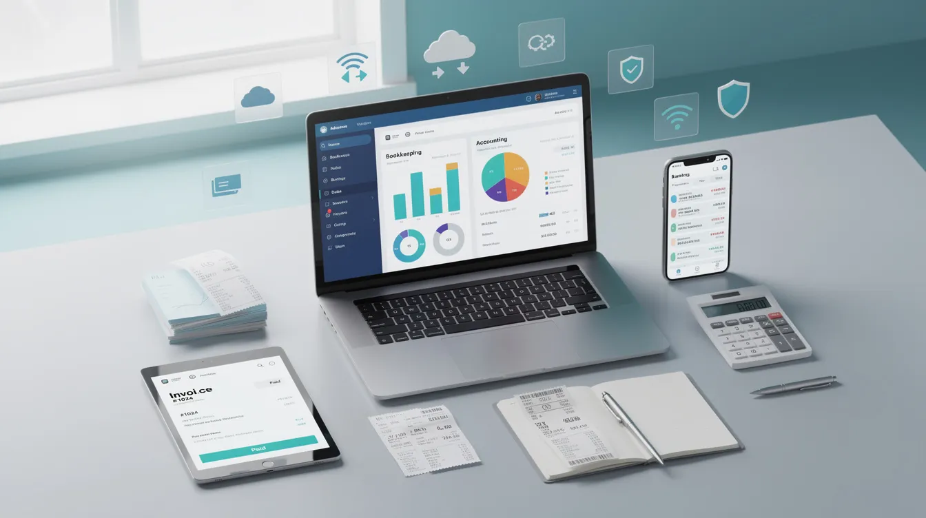 The image depicts various technology tools used for bookkeeping and accounting, including accounting software and devices that help businesses manage their financial records. These tools are essential for small businesses and accounting firms to maintain accurate financial records, streamline bookkeeping tasks, and enhance overall financial health.