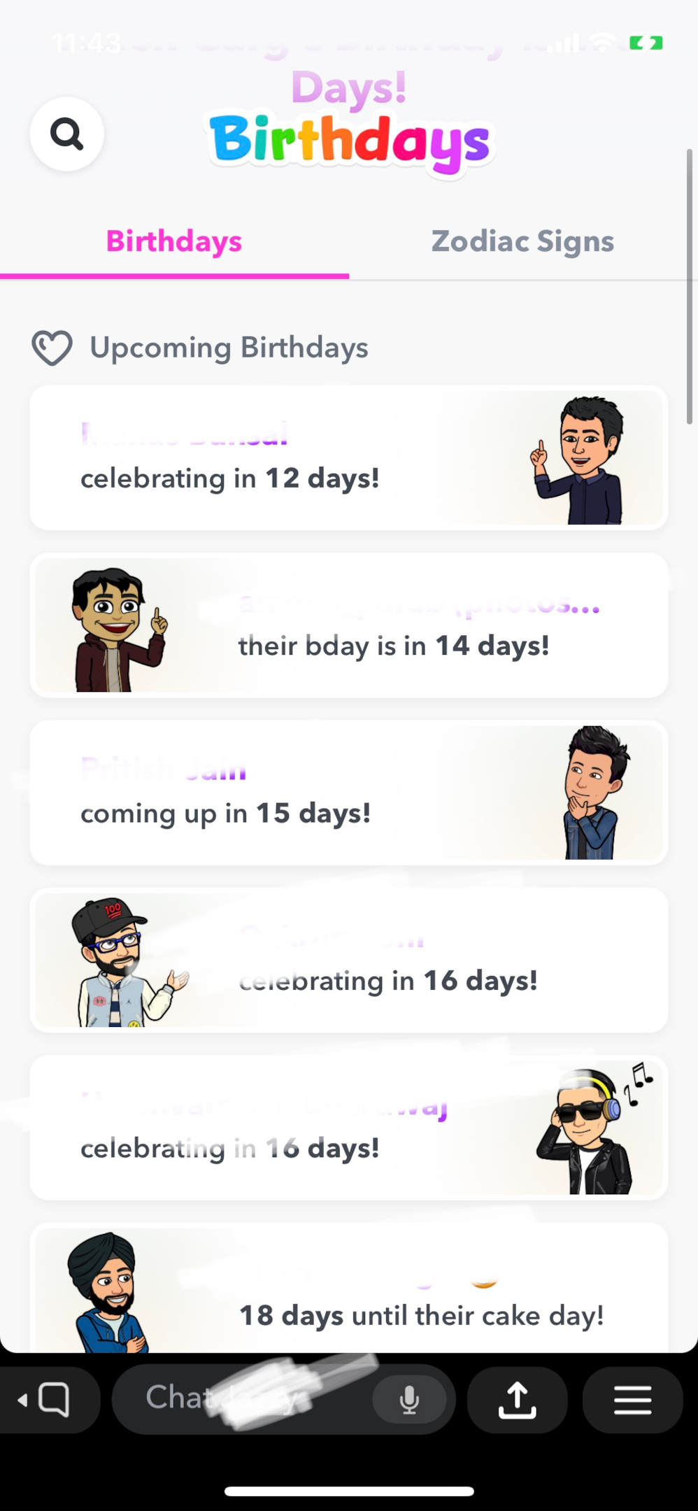 Screenshot of friend's birthdays